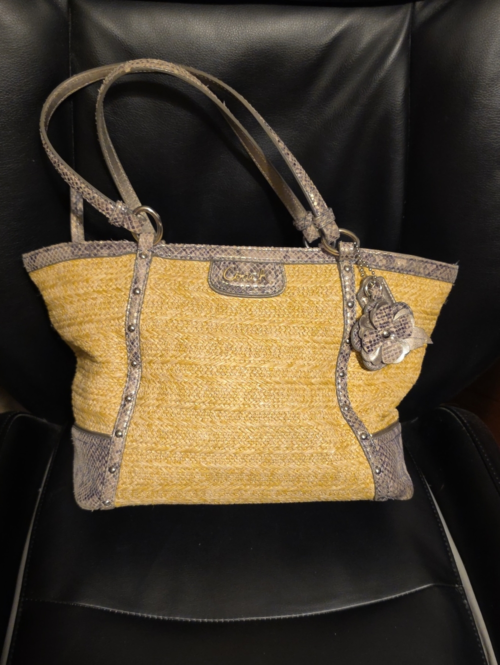 Coach 2013 Alexandra Straw Tote with Python Leather Trim